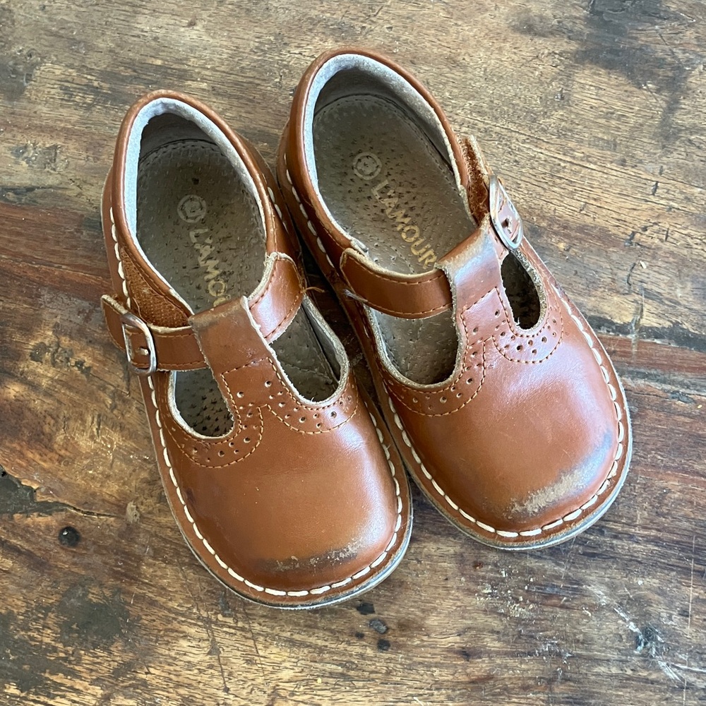 L'Amour Brown Leather T-Strap Mary Jane Kids Shoes